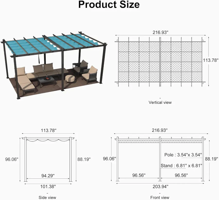 PURPLE LEAF Large Size Outdoor Pergola with Retractable Canopy Aluminum Shelter for Porch Garden Beach - Image 153