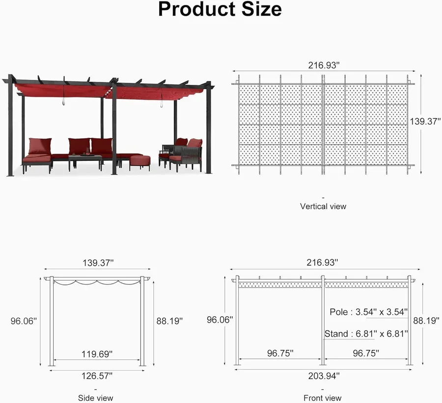 PURPLE LEAF Large Size Outdoor Pergola with Retractable Canopy Aluminum Shelter for Porch Garden Beach - Image 168