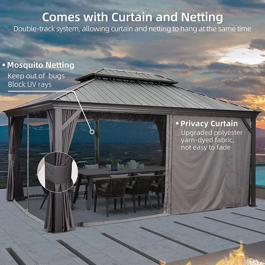 PURPLE LEAF 3.65 x 4.85 M Patio Gazebo for Backyard Grey Hardtop Galvanized Steel Roof Awning with Upgrade Curtain - Image 16