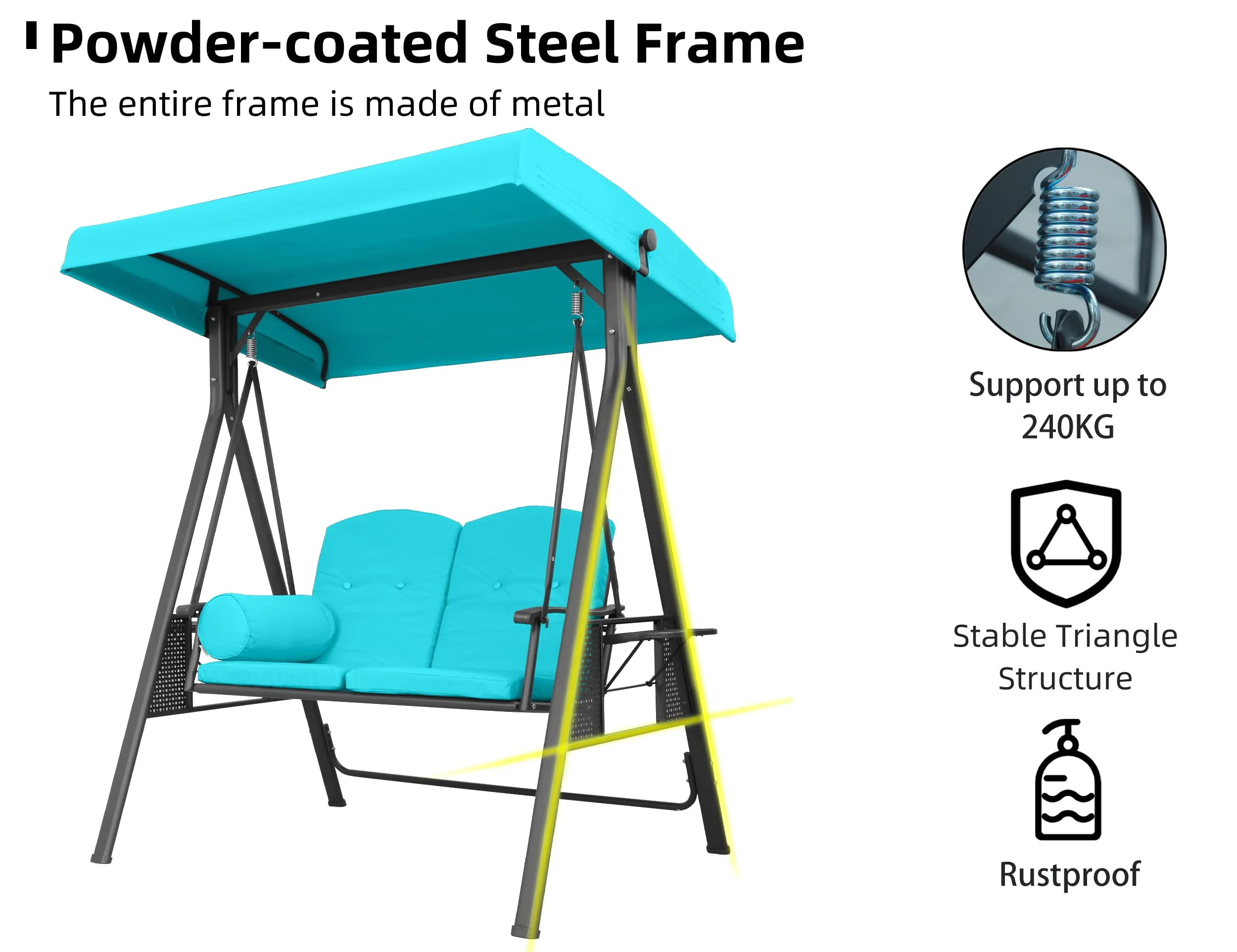 PURPLE LEAF Outdoor Swing Bench Bed Hammock With Adjustable Canopy, 2 Cup Holders, Grey Weather Resistant Steel Frame, Cushions and Pillow - Image 12