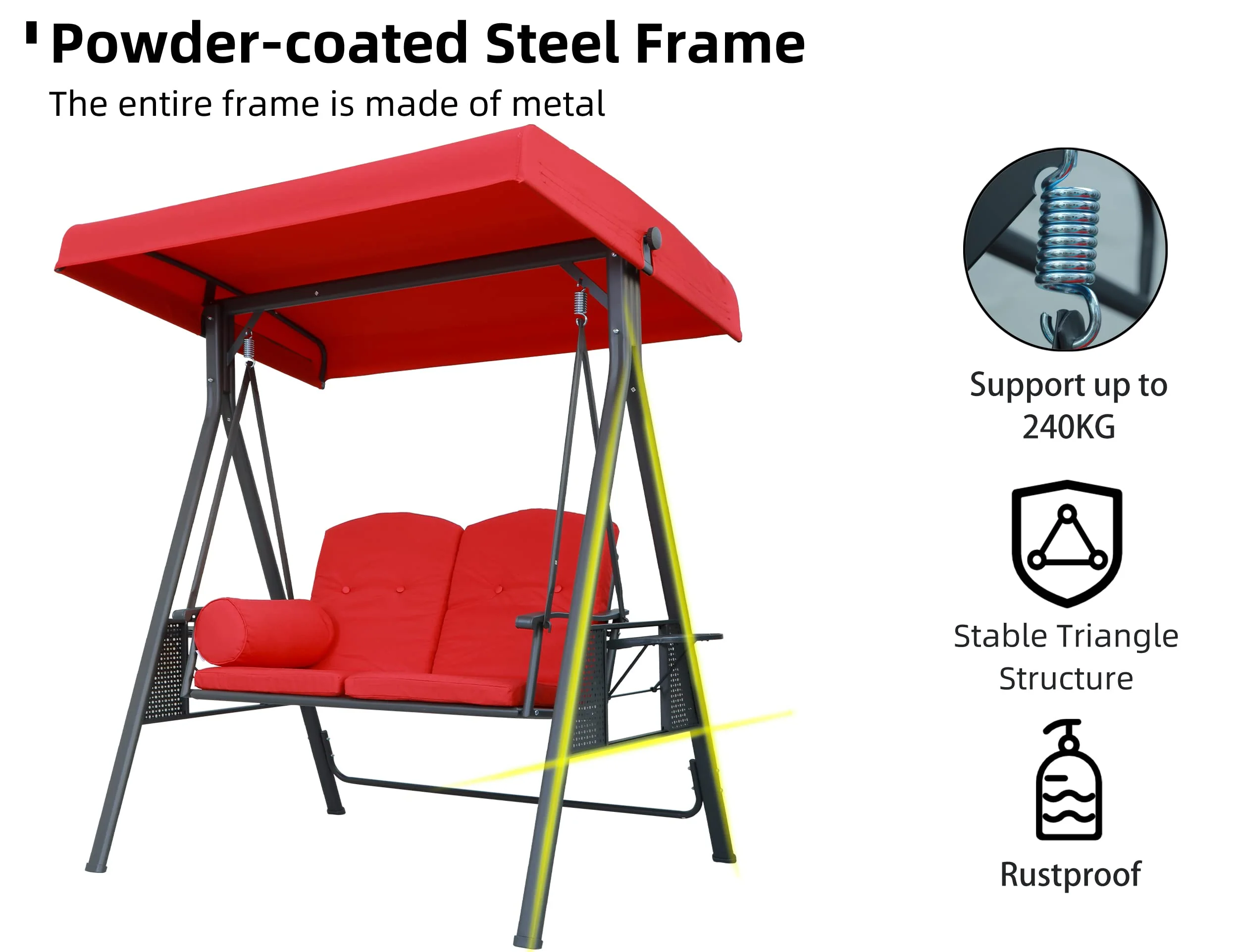 PURPLE LEAF Outdoor Swing Bench Bed Hammock With Adjustable Canopy, 2 Cup Holders, Grey Weather Resistant Steel Frame, Cushions and Pillow - Image 19