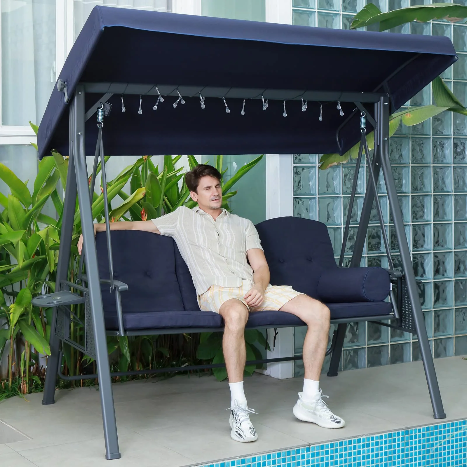 PURPLE LEAF Outdoor Swing Bench Bed Hammock With Adjustable Canopy, 2 Cup Holders, Grey Weather Resistant Steel Frame, Cushions and Pillow - Image 26