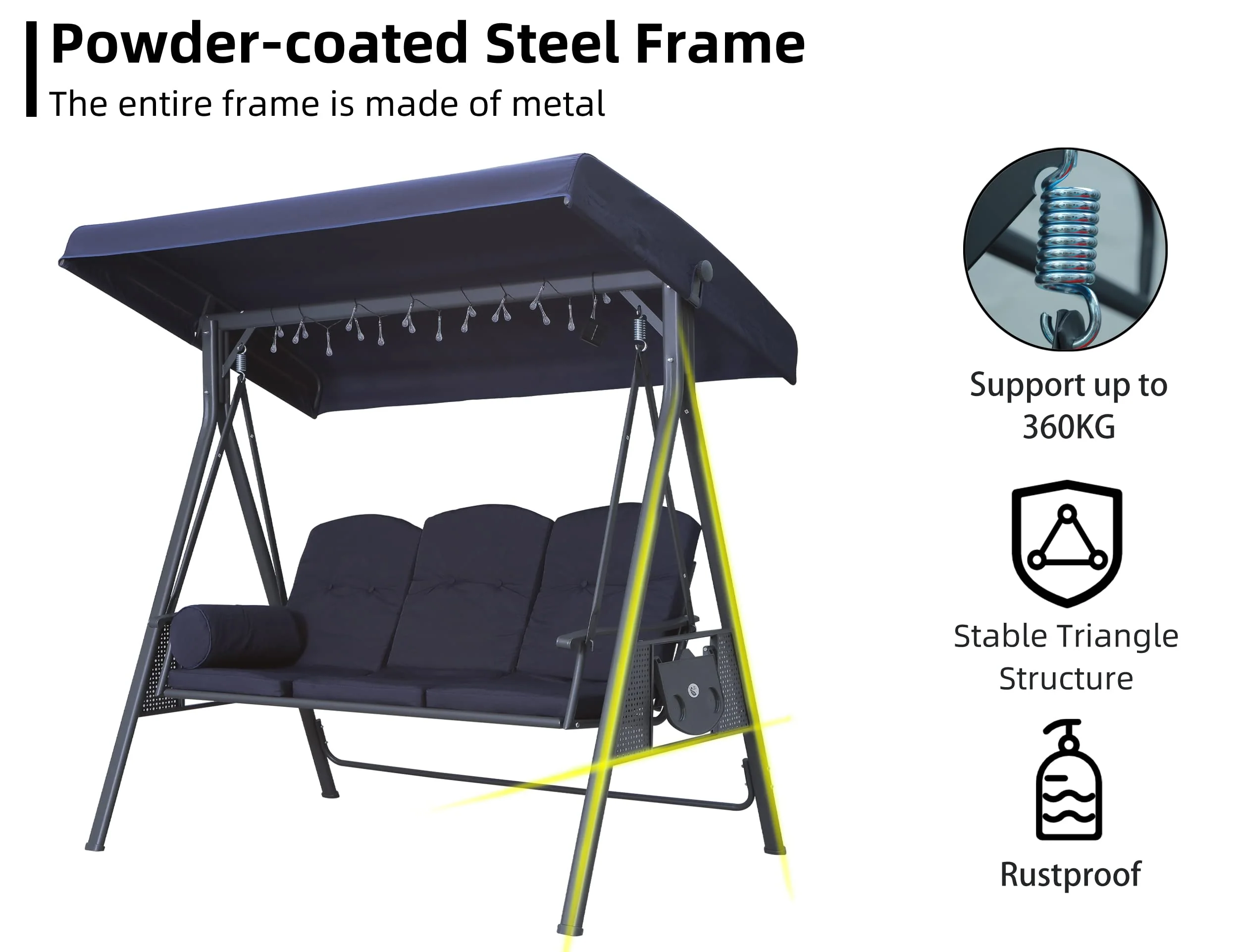 PURPLE LEAF Outdoor Swing Bench Bed Hammock With Adjustable Canopy, 2 Cup Holders, Grey Weather Resistant Steel Frame, Cushions and Pillow - Image 28