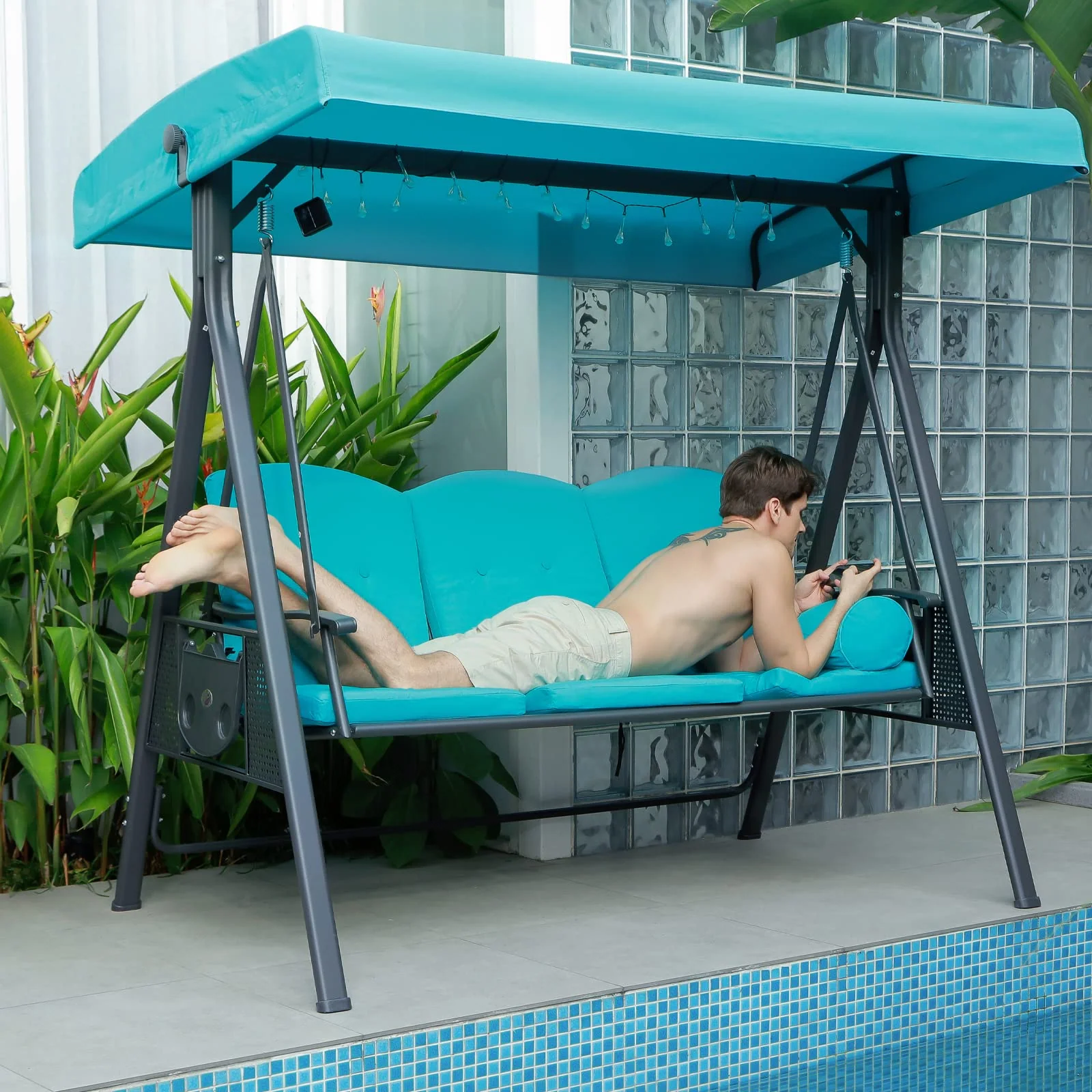 PURPLE LEAF Outdoor Swing Bench Bed Hammock With Adjustable Canopy, 2 Cup Holders, Grey Weather Resistant Steel Frame, Cushions and Pillow - Image 3