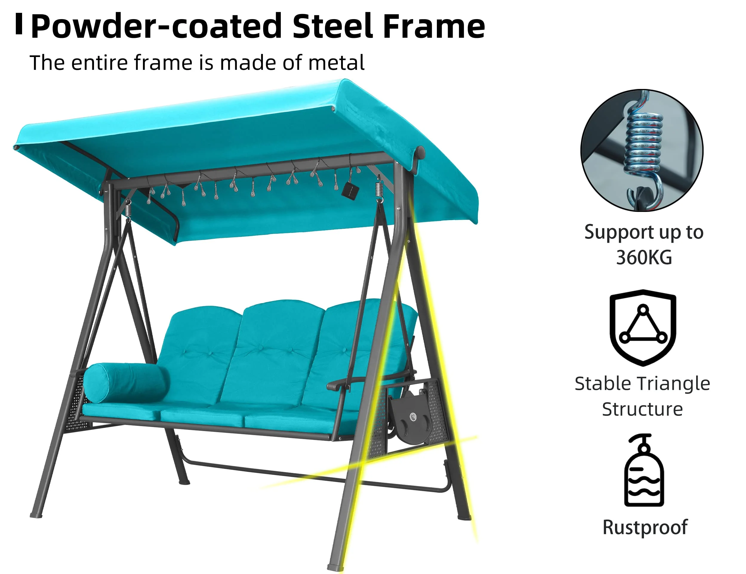 PURPLE LEAF Outdoor Swing Bench Bed Hammock With Adjustable Canopy, 2 Cup Holders, Grey Weather Resistant Steel Frame, Cushions and Pillow - Image 34
