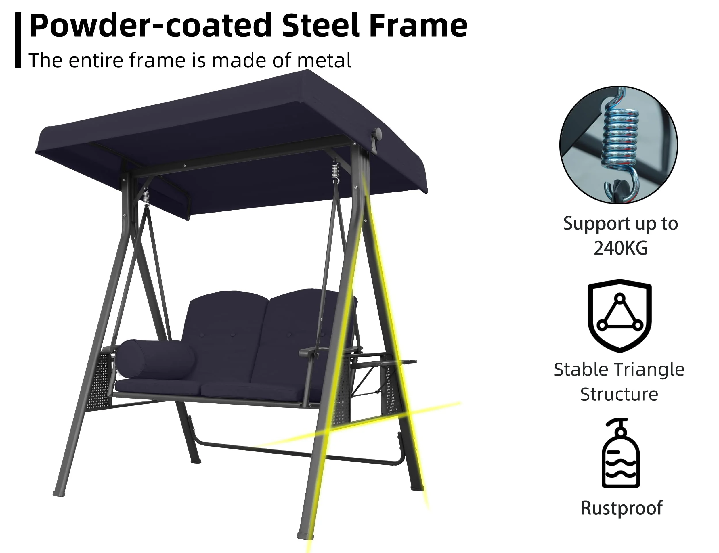 PURPLE LEAF Outdoor Swing Bench Bed Hammock With Adjustable Canopy, 2 Cup Holders, Grey Weather Resistant Steel Frame, Cushions and Pillow - Image 4