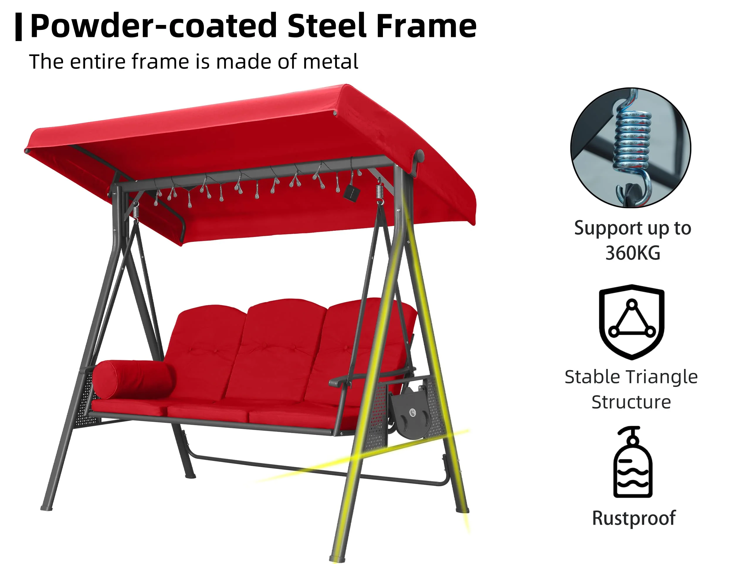 PURPLE LEAF Outdoor Swing Bench Bed Hammock With Adjustable Canopy, 2 Cup Holders, Grey Weather Resistant Steel Frame, Cushions and Pillow - Image 42