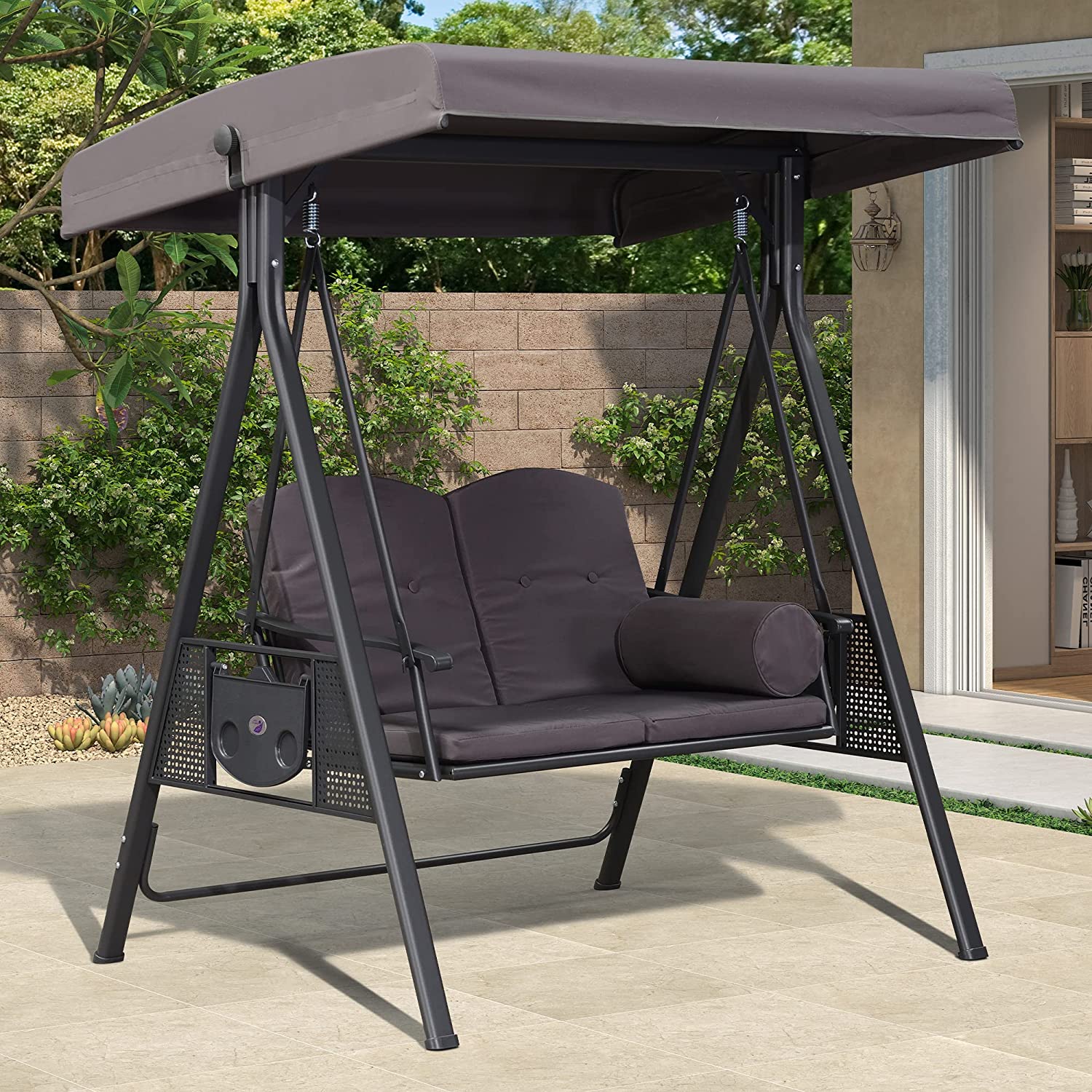 PURPLE LEAF Outdoor Swing Bench Bed Hammock With Adjustable Canopy, 2 Cup Holders, Grey Weather Resistant Steel Frame, Cushions and Pillow - Image 49