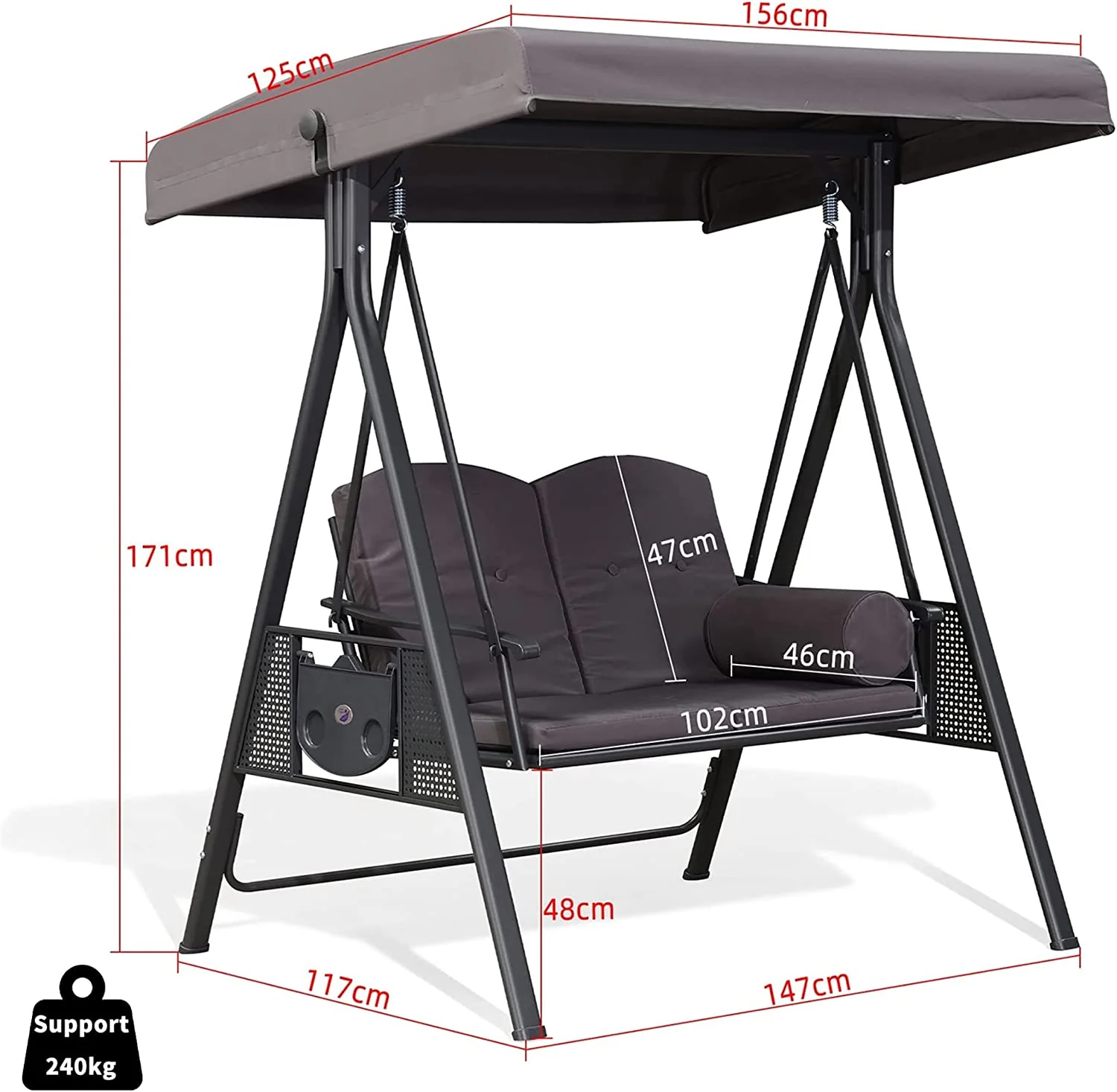 PURPLE LEAF Outdoor Swing Bench Bed Hammock With Adjustable Canopy, 2 Cup Holders, Grey Weather Resistant Steel Frame, Cushions and Pillow - Image 55