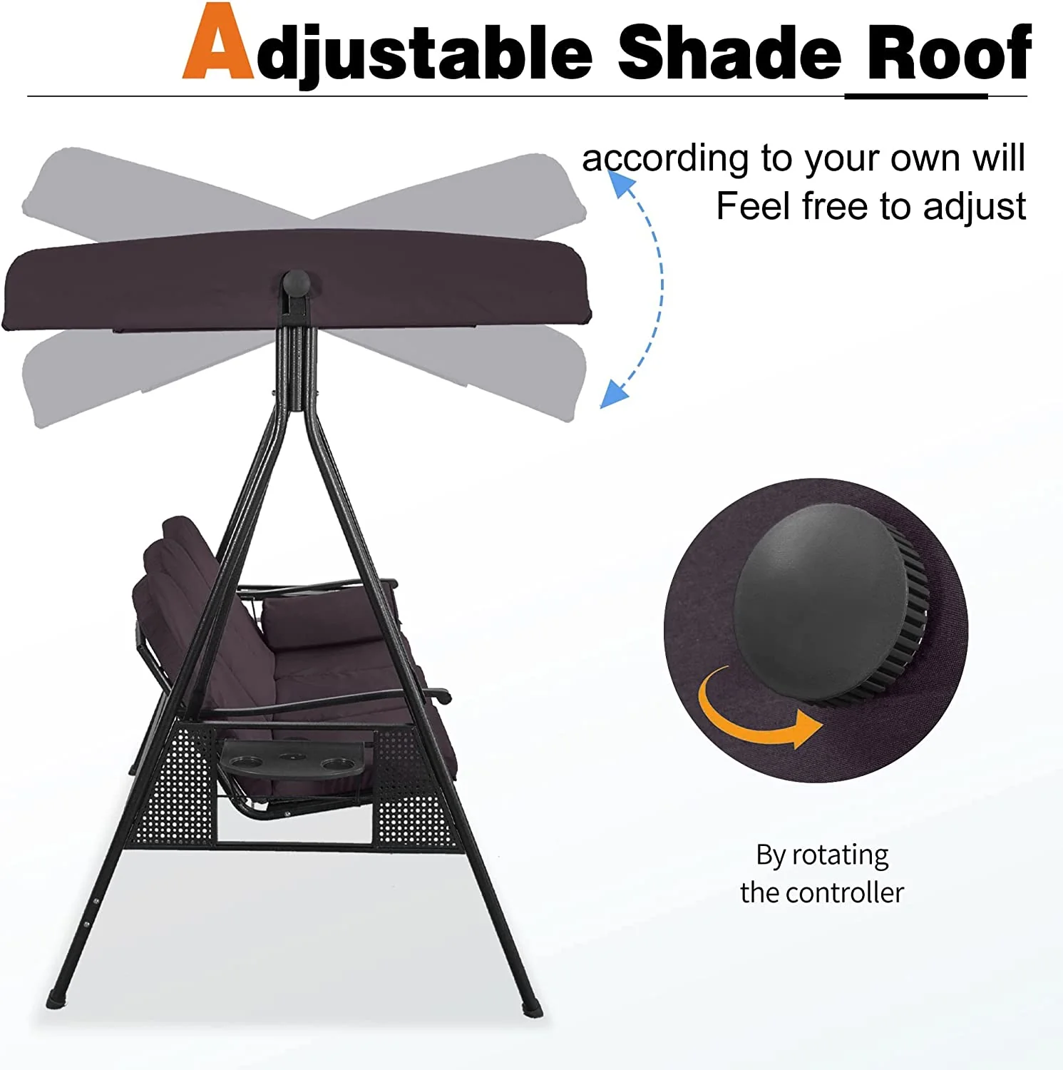 PURPLE LEAF Outdoor Swing Bench Bed Hammock With Adjustable Canopy, 2 Cup Holders, Grey Weather Resistant Steel Frame, Cushions and Pillow - Image 59