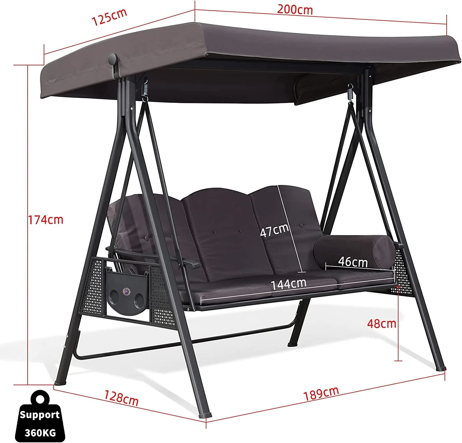 PURPLE LEAF Outdoor Swing Bench Bed Hammock With Adjustable Canopy, 2 Cup Holders, Grey Weather Resistant Steel Frame, Cushions and Pillow - Image 60