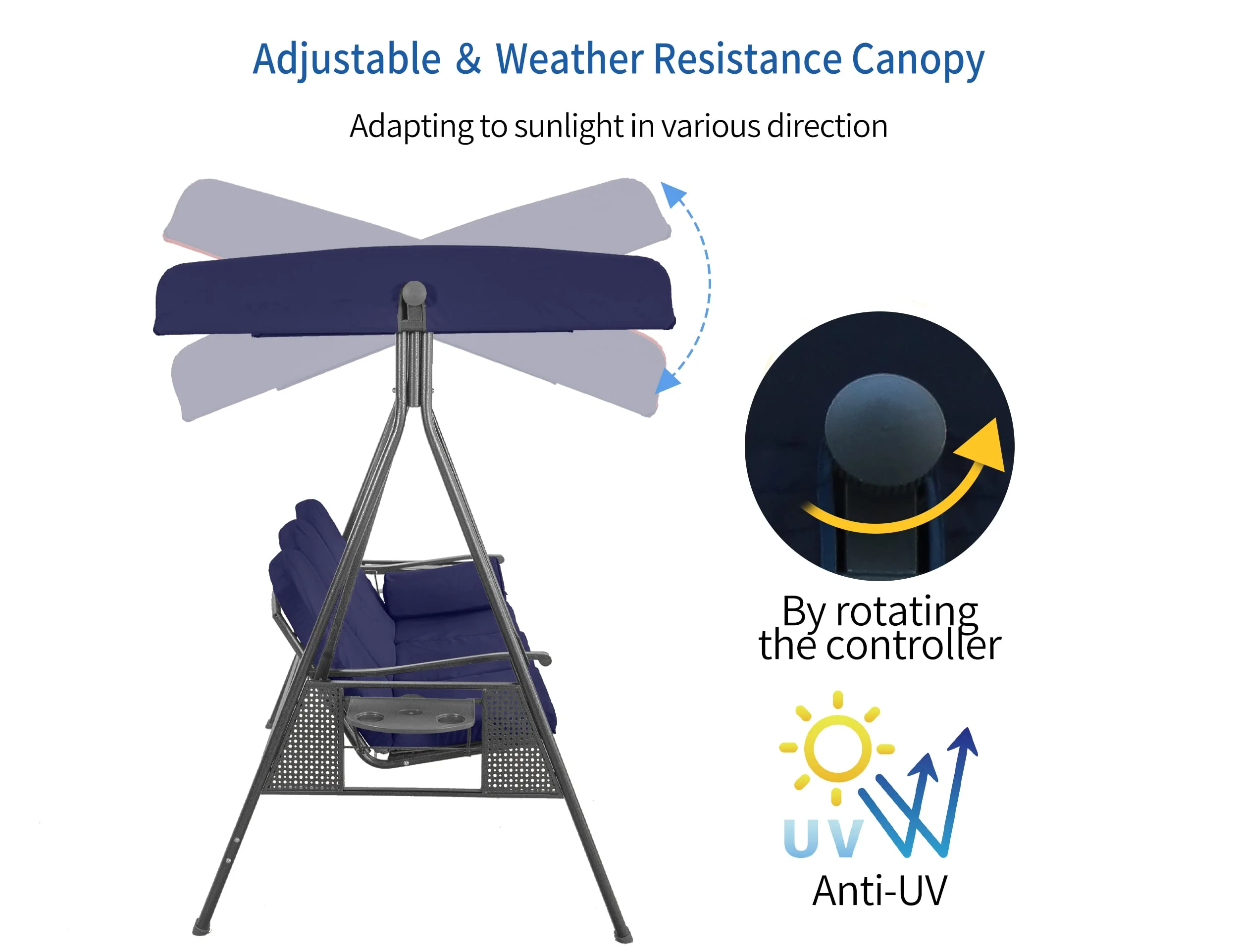 PURPLE LEAF Outdoor Swing Bench Bed Hammock With Adjustable Canopy, 2 Cup Holders, Grey Weather Resistant Steel Frame, Cushions and Pillow - Image 7