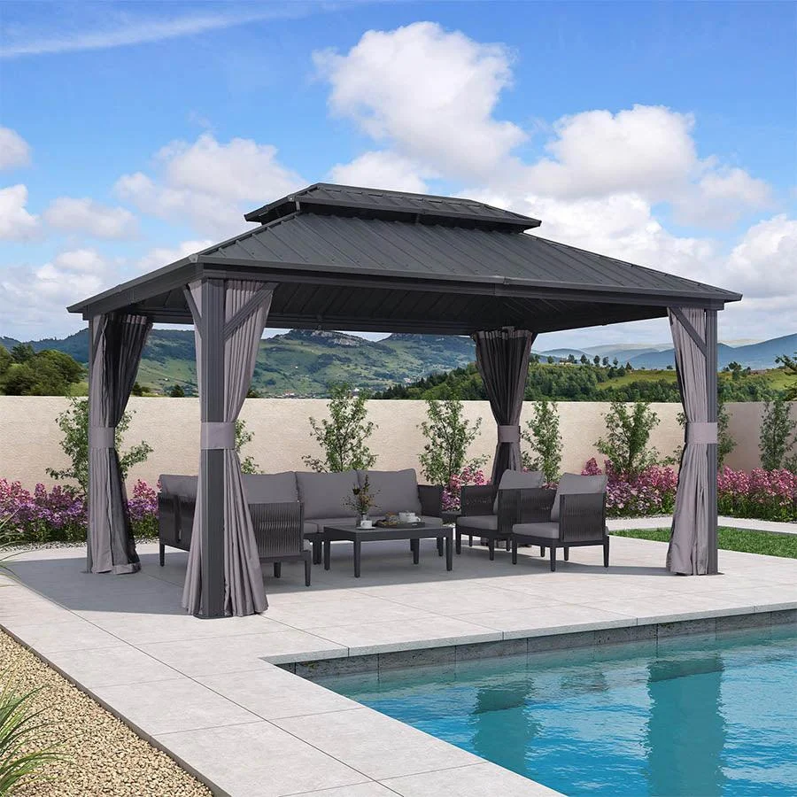 PURPLE LEAF Grey Hardtop Gazebo with Heavy Duty Galvanized Steel Double Roof with Netting and Curtains - Image 10