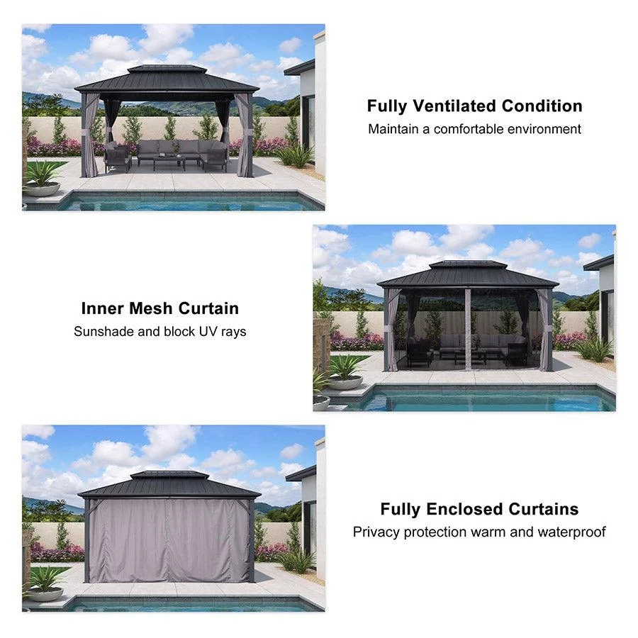 PURPLE LEAF Grey Hardtop Gazebo with Heavy Duty Galvanized Steel Double Roof with Netting and Curtains - Image 3