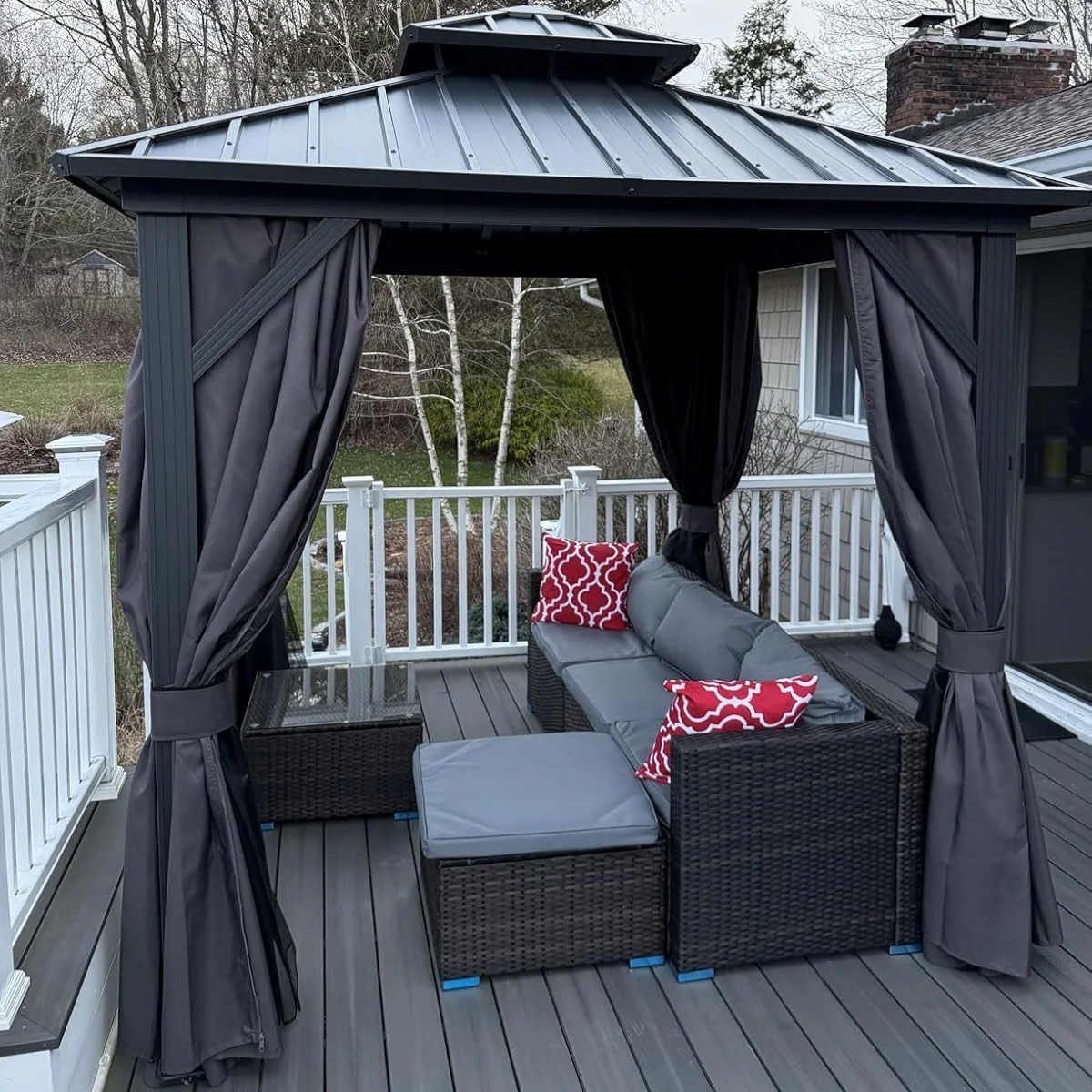 PURPLE LEAF Grey Hardtop Gazebo with Heavy Duty Galvanized Steel Double Roof with Netting and Curtains - Image 56