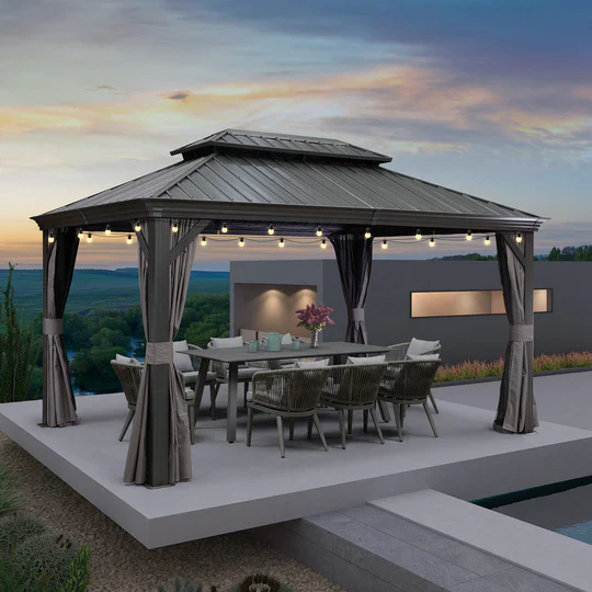 PURPLE LEAF Patio Gazebo for Backyard Grey Hardtop Galvanized Steel Roof Awning String Lights-milky - Image 19