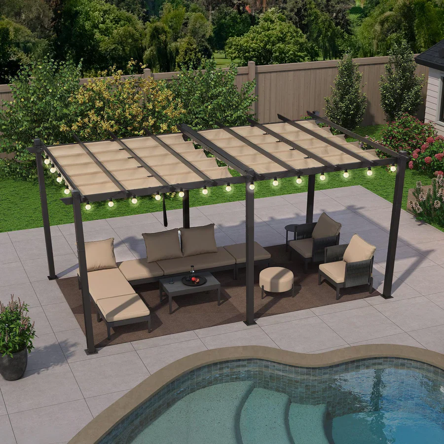 PURPLE LEAF Outdoor Retractable Pergola Patio Shelter for Garden Porch Beach Pavilion Grill Gazebo with Lights - Image 23