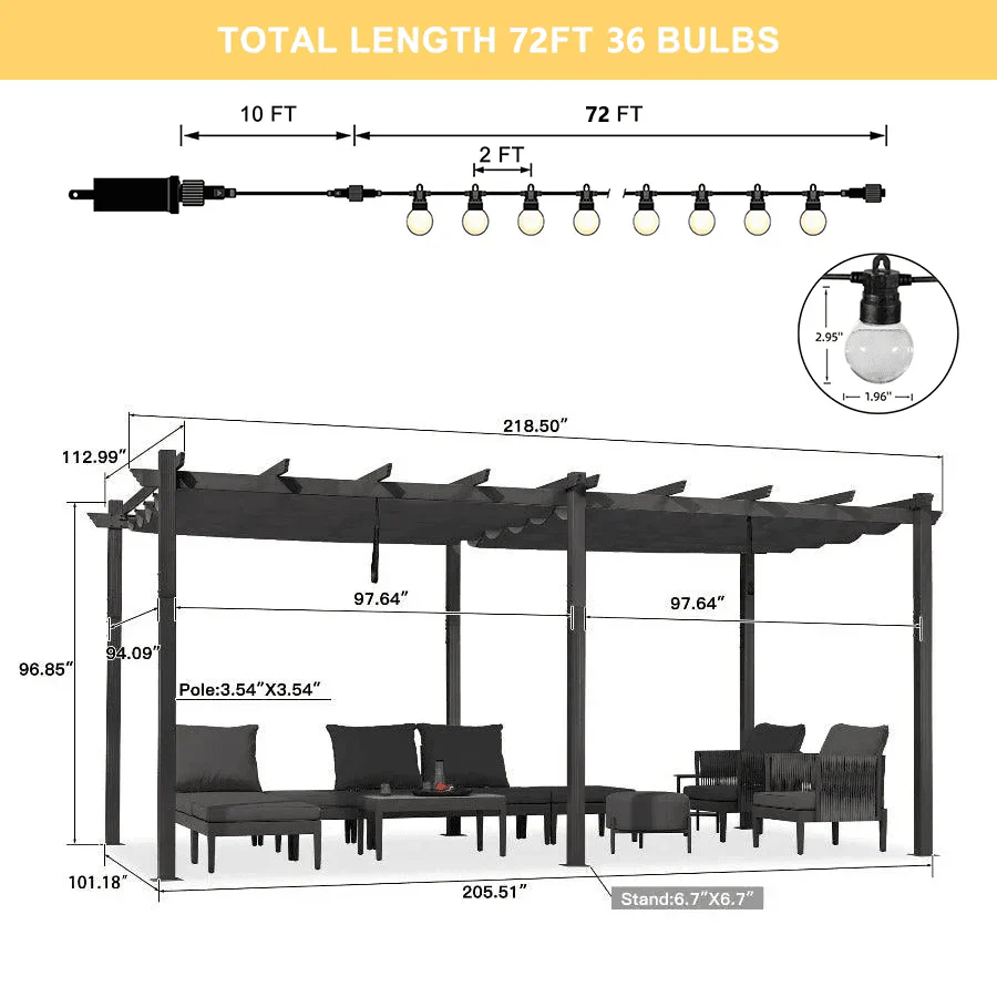 PURPLE LEAF Outdoor Retractable Pergola Patio Shelter for Garden Porch Beach Pavilion Grill Gazebo with Lights - Image 32