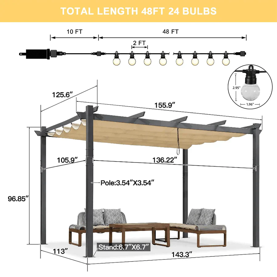 PURPLE LEAF Outdoor Retractable Pergola Patio Shelter for Garden Porch Beach Pavilion Grill Gazebo with Lights - Image 35