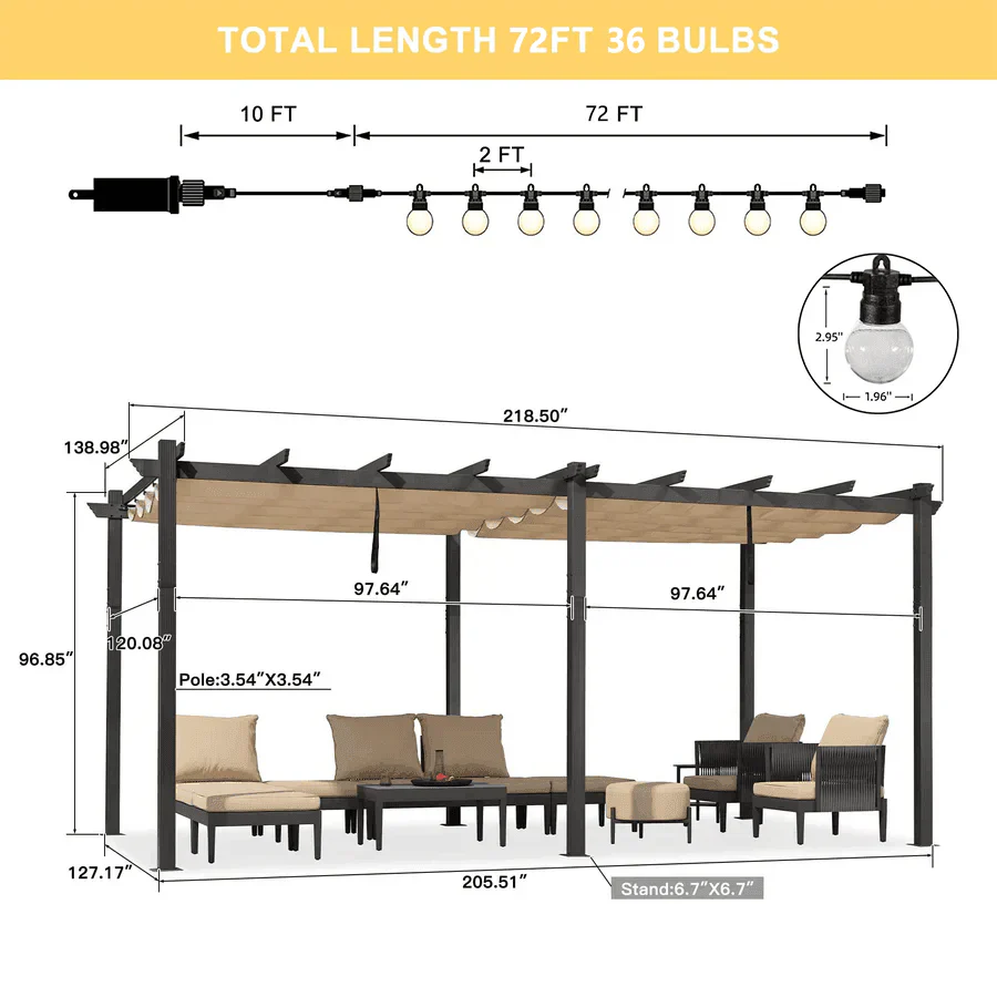 PURPLE LEAF Outdoor Retractable Pergola Patio Shelter for Garden Porch Beach Pavilion Grill Gazebo with Lights - Image 39