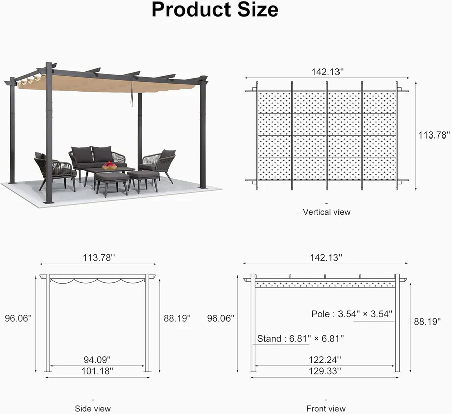PURPLE LEAF Outdoor Retractable Pergola Patio Shelter for Garden Porch Beach Pavilion Grill Gazebo with Lights - Image 41