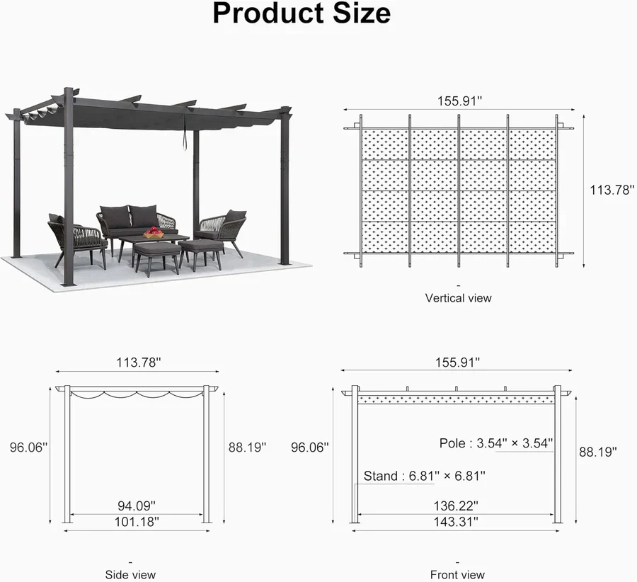 PURPLE LEAF Outdoor Retractable Pergola Patio Shelter for Garden Porch Beach Pavilion Grill Gazebo with Lights - Image 42