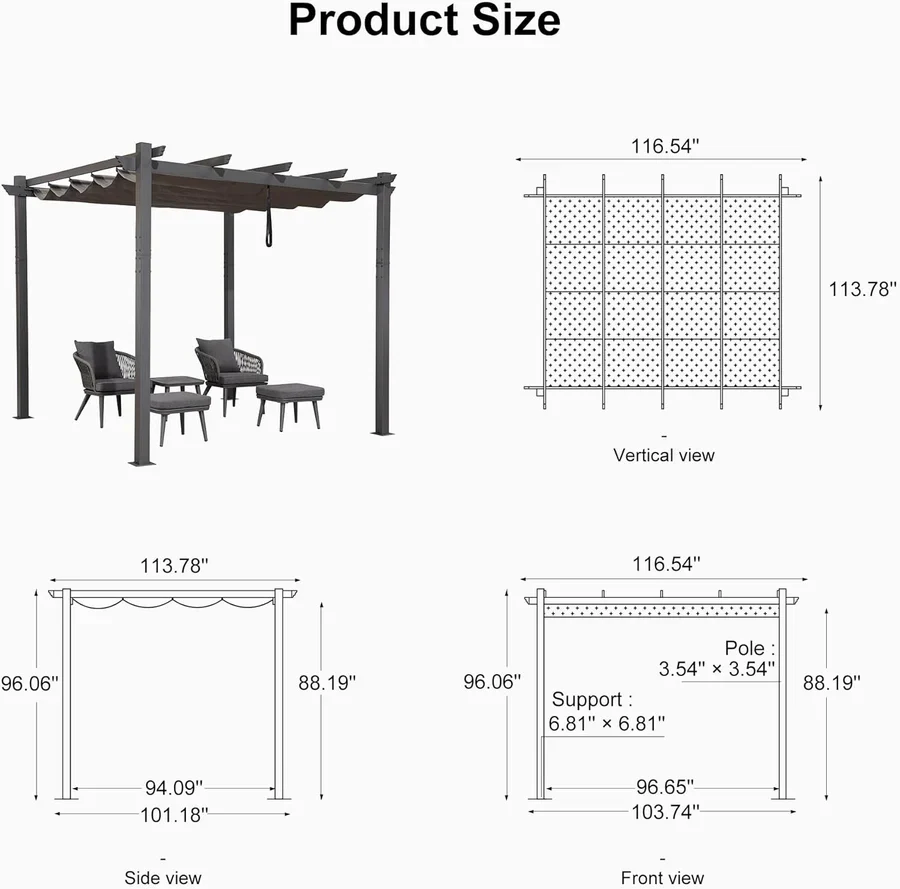 PURPLE LEAF Outdoor Retractable Pergola Patio Shelter for Garden Porch Beach Pavilion Grill Gazebo with Lights - Image 8