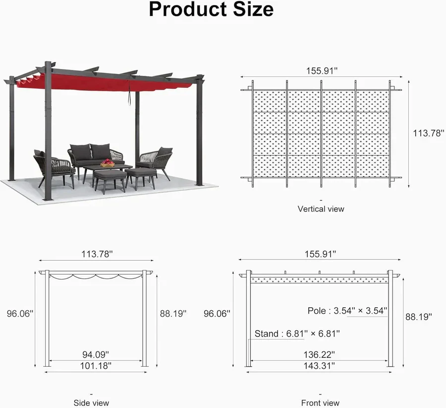 PURPLE LEAF Outdoor Retractable Pergola Patio Shelter Classical Pavilion Grill Gazebo - Image 163