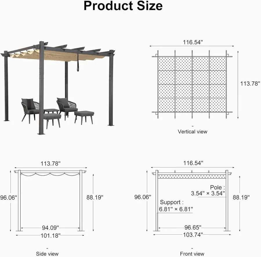 PURPLE LEAF Outdoor Retractable Pergola Patio Shelter Classical Pavilion Grill Gazebo - Image 166