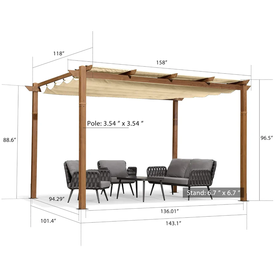 PURPLE LEAF Outdoor Retractable Pergola Natural Wood Grain Frame Grill Gazebo - Image 27