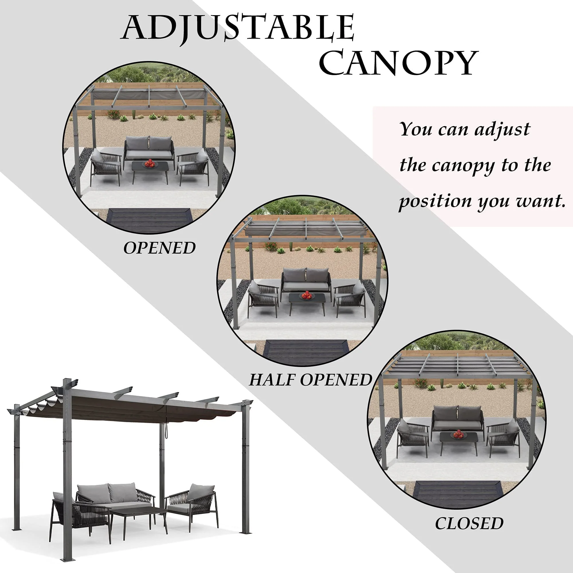 PURPLE LEAF Outdoor Retractable Wood Grain Pergola Patio Aluminum Pergola - Image 12