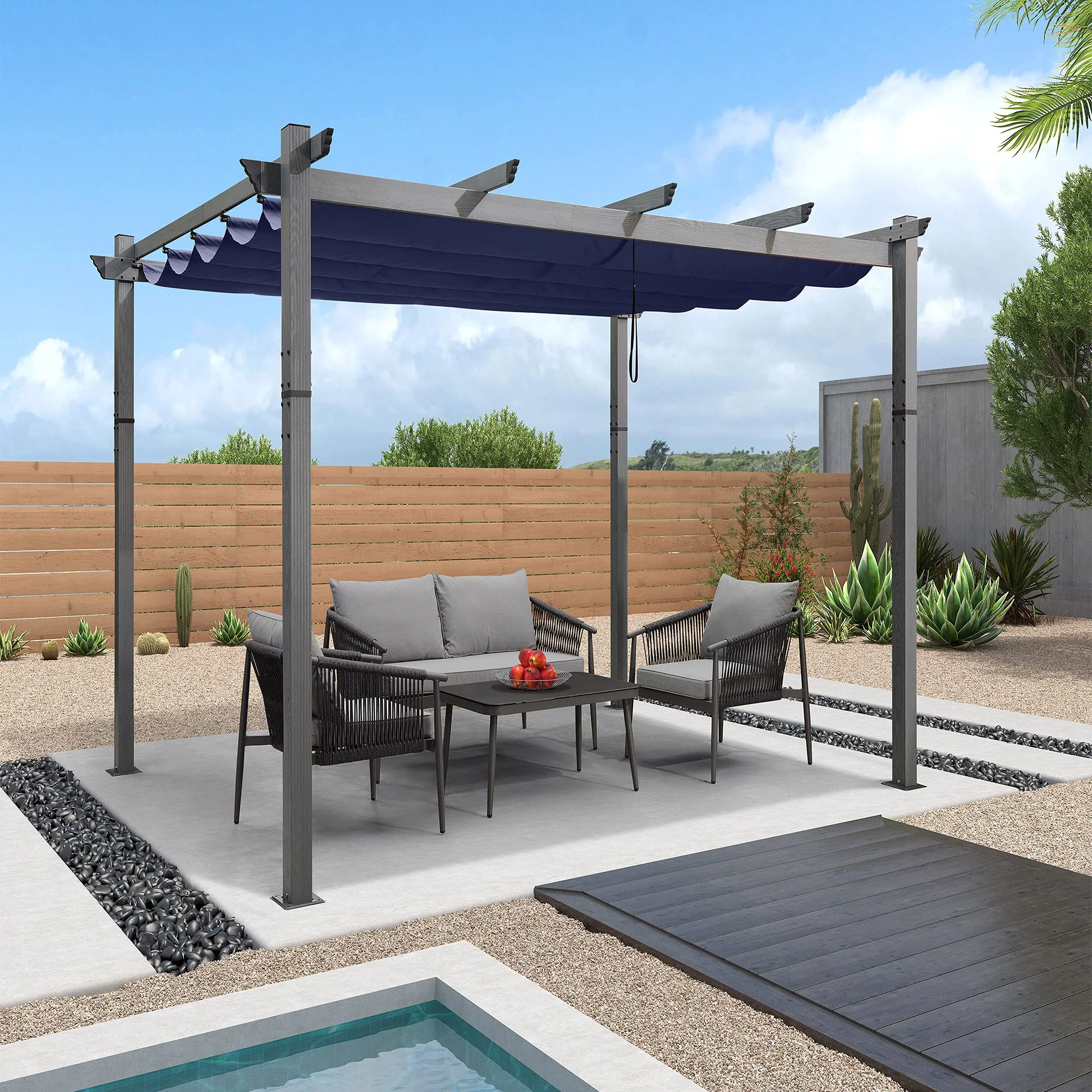 PURPLE LEAF Outdoor Retractable Wood Grain Pergola Patio Aluminum Pergola - Image 15