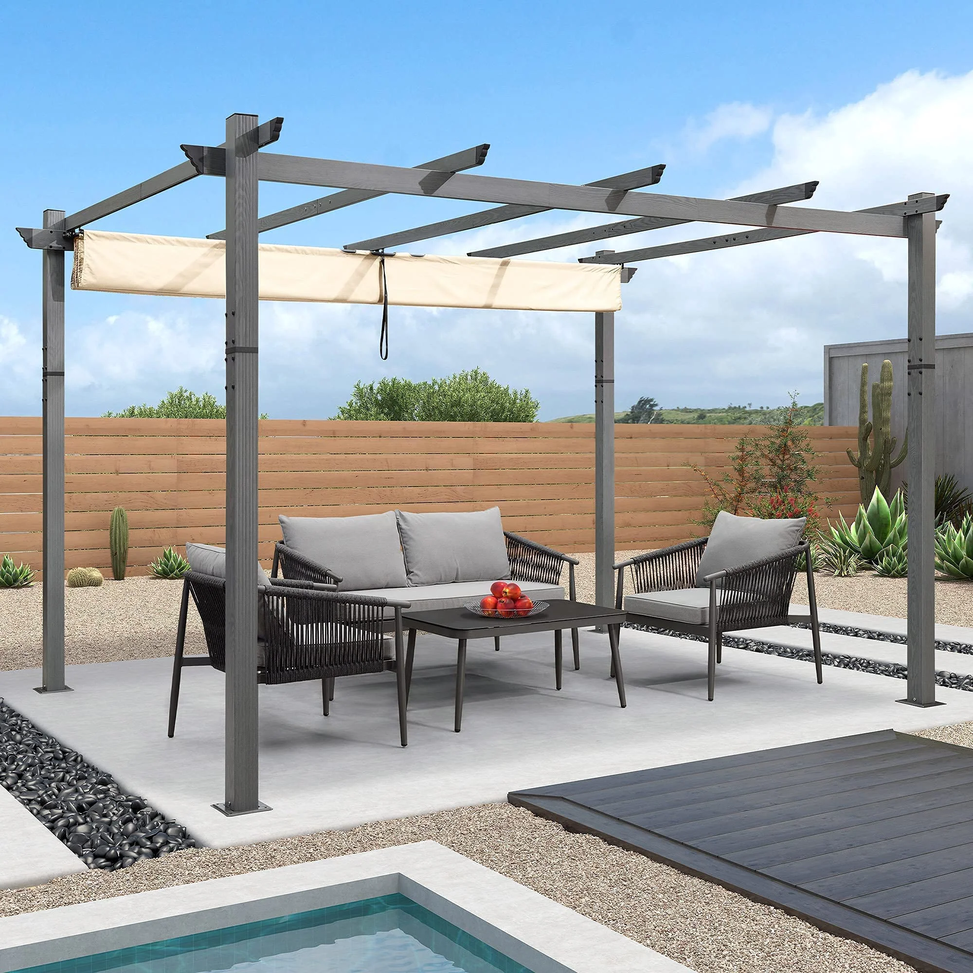 PURPLE LEAF Outdoor Retractable Wood Grain Pergola Patio Aluminum Pergola - Image 18