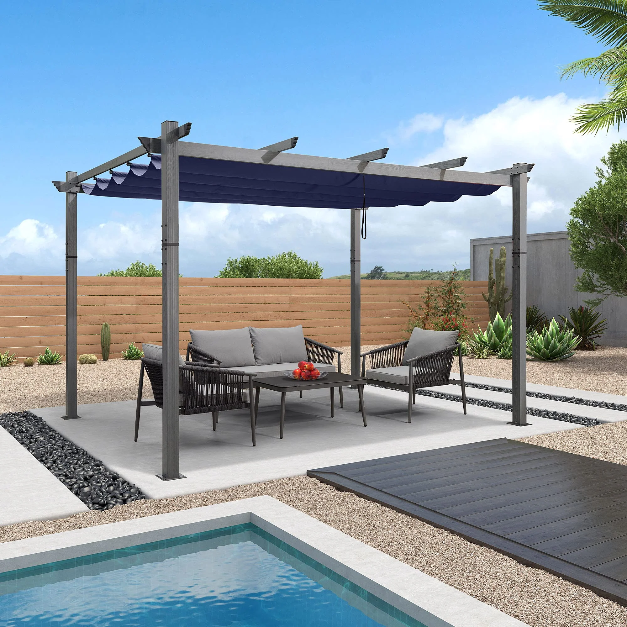 PURPLE LEAF Outdoor Retractable Wood Grain Pergola Patio Aluminum Pergola - Image 23