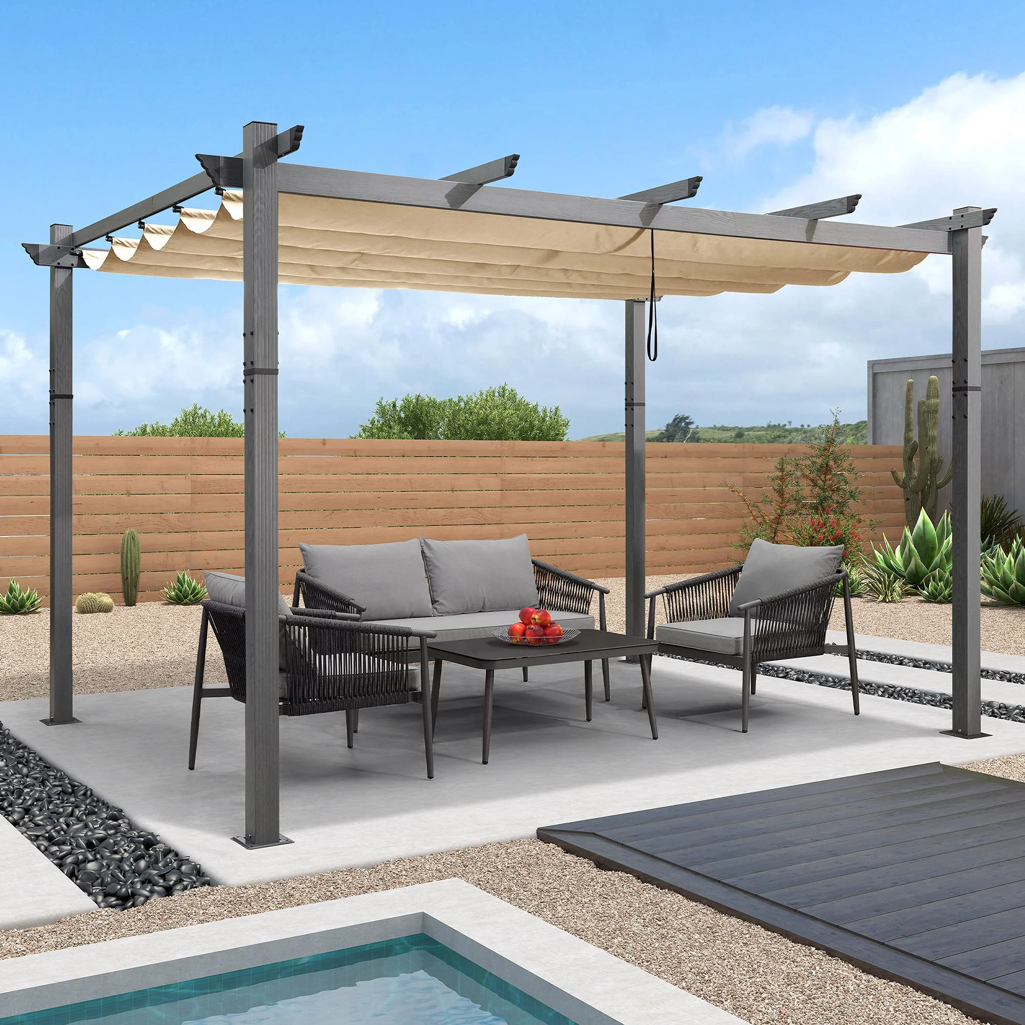 PURPLE LEAF Outdoor Retractable Wood Grain Pergola Patio Aluminum Pergola - Image 25