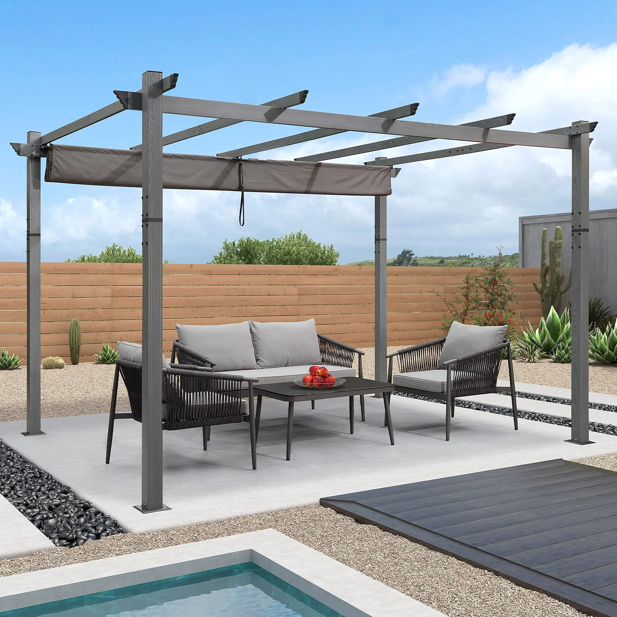 PURPLE LEAF Outdoor Retractable Wood Grain Pergola Patio Aluminum Pergola - Image 28