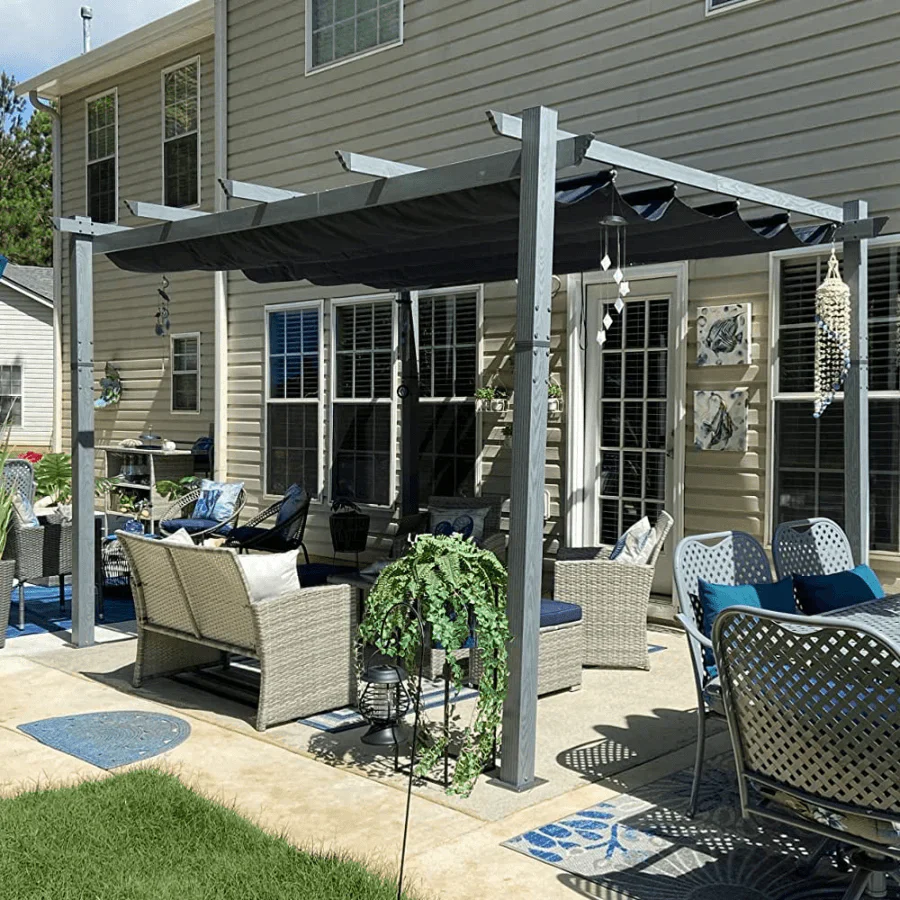 PURPLE LEAF Outdoor Retractable Wood Grain Pergola Patio Aluminum Pergola - Image 36