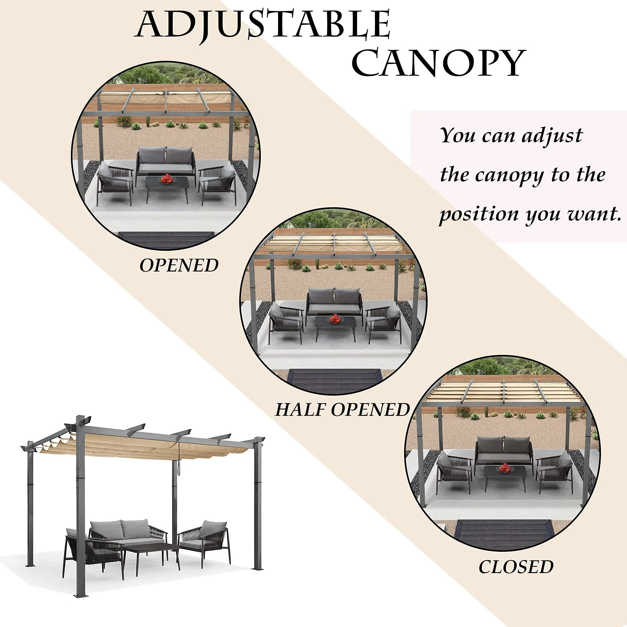 PURPLE LEAF Outdoor Retractable Wood Grain Pergola Patio Aluminum Pergola - Image 8